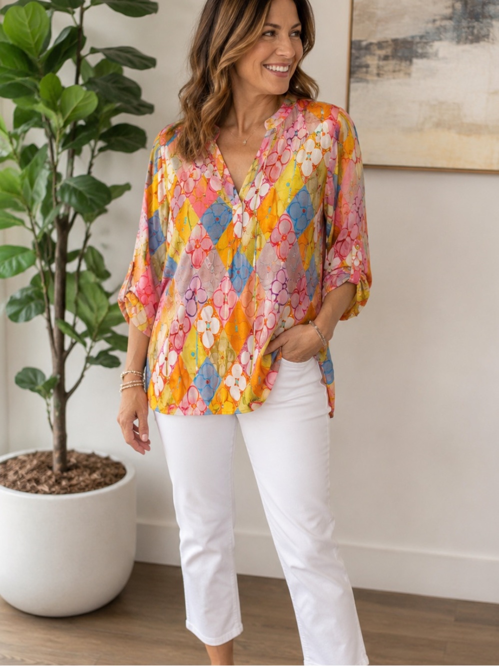 APNY Abstract Print Tunic Blouse Colorful V Neck NWT Size XS